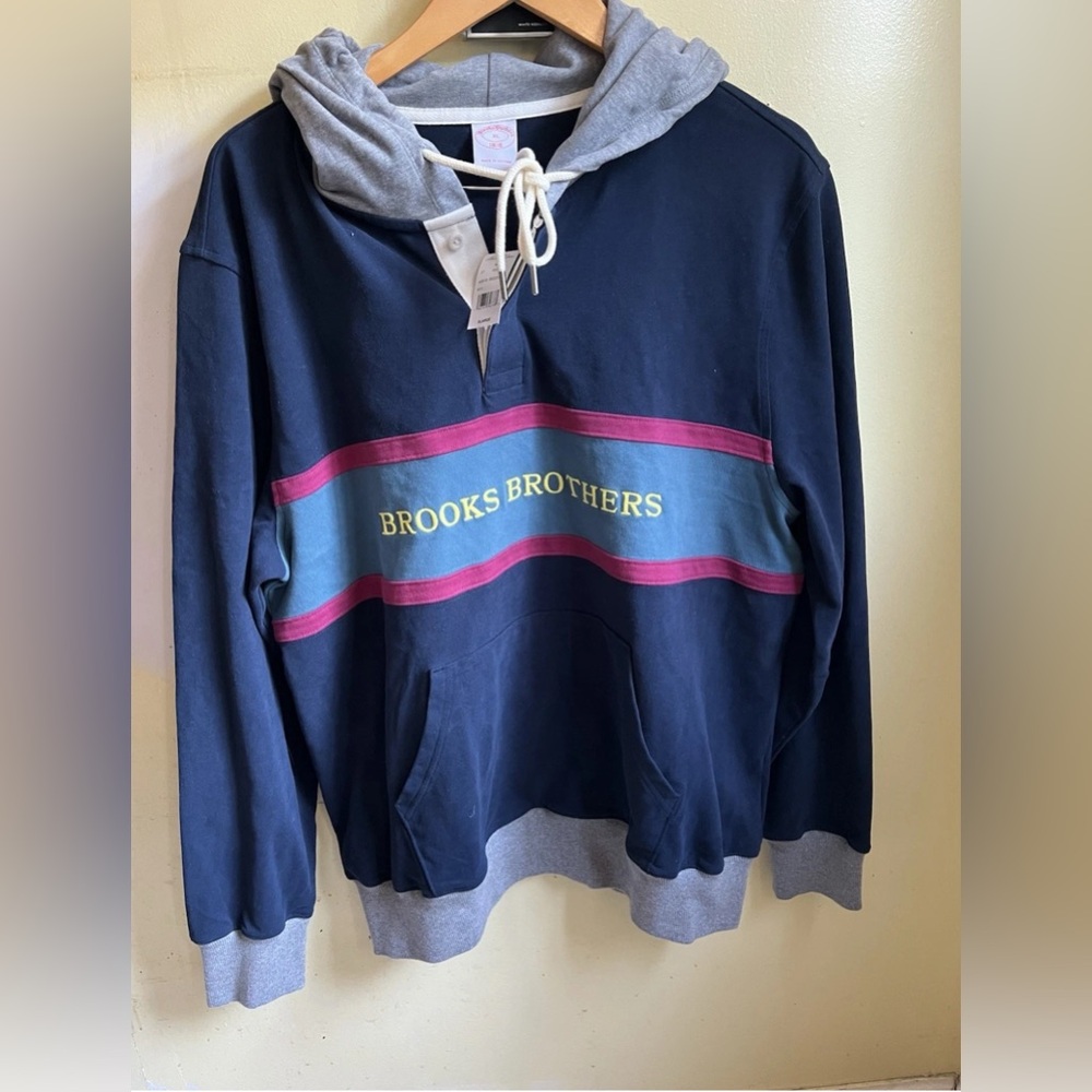 New Brooks Brothers Men’s Colorblock Logo Hoodie Blue Navy/Gray  Size XL